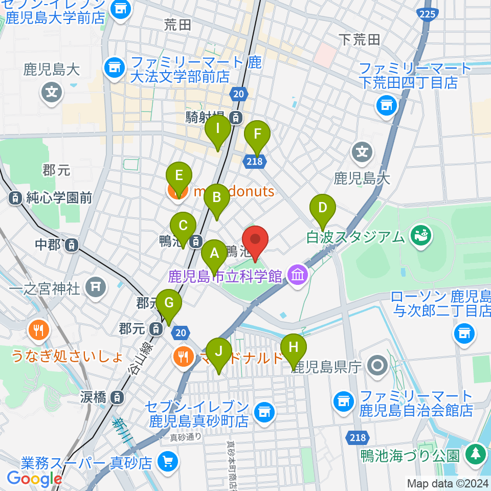 鴨池市民球場周辺のカフェ一覧地図