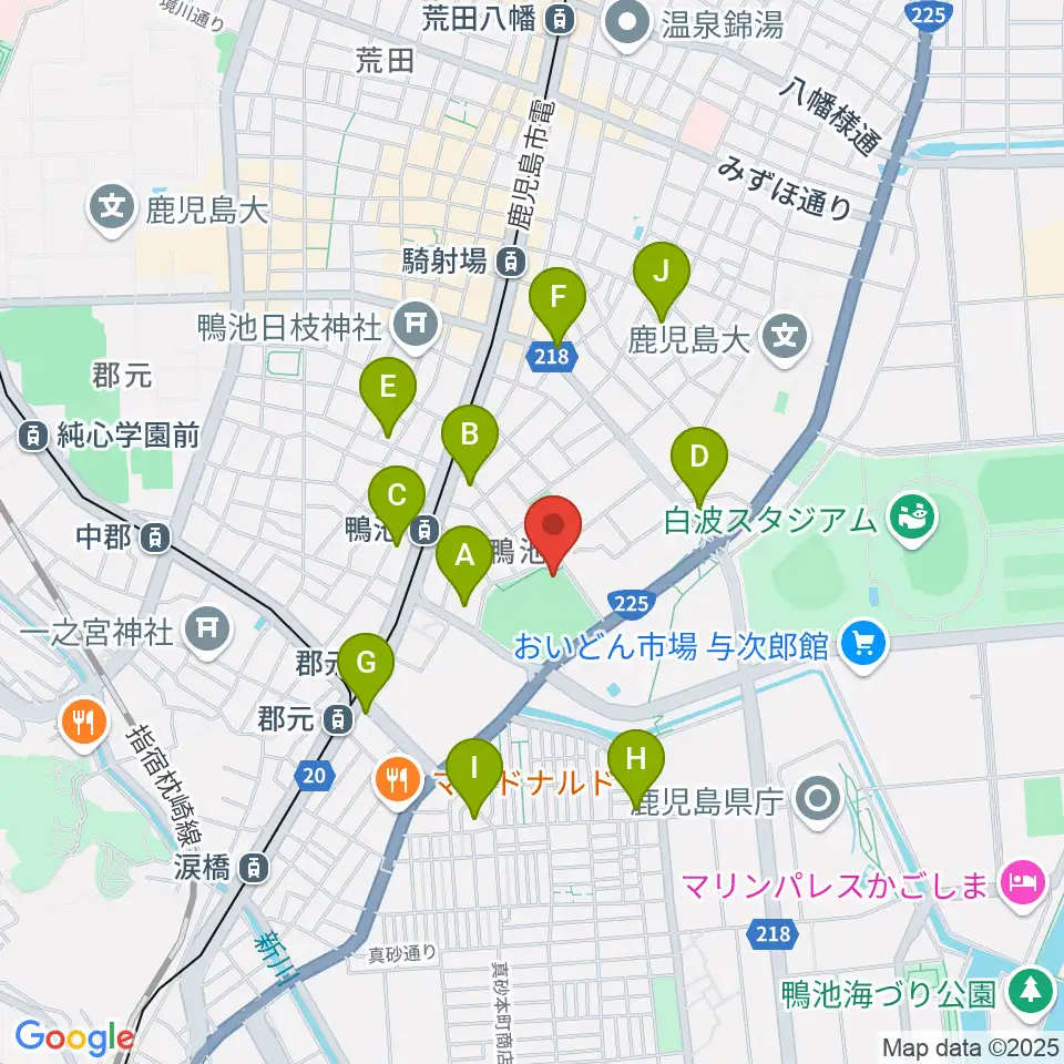 鴨池市民球場周辺のカフェ一覧地図