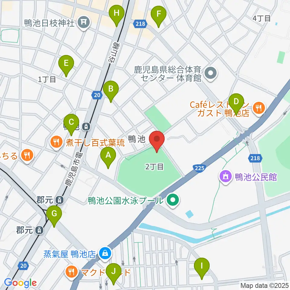 鴨池市民球場周辺のカフェ一覧地図