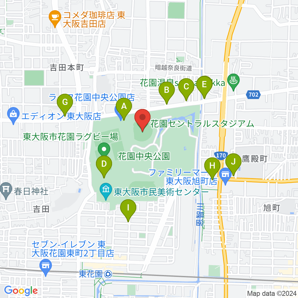 花園セントラルスタジアム周辺のカフェ一覧地図