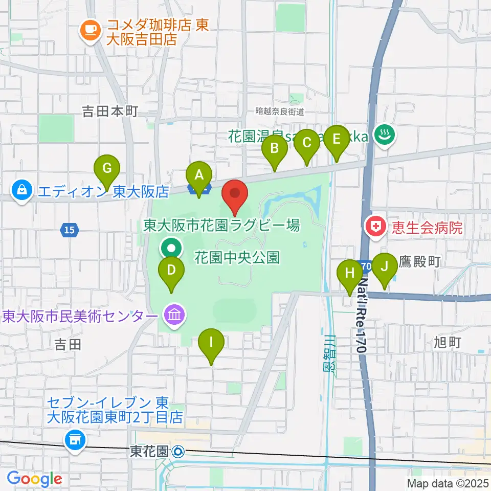 花園セントラルスタジアム周辺のカフェ一覧地図