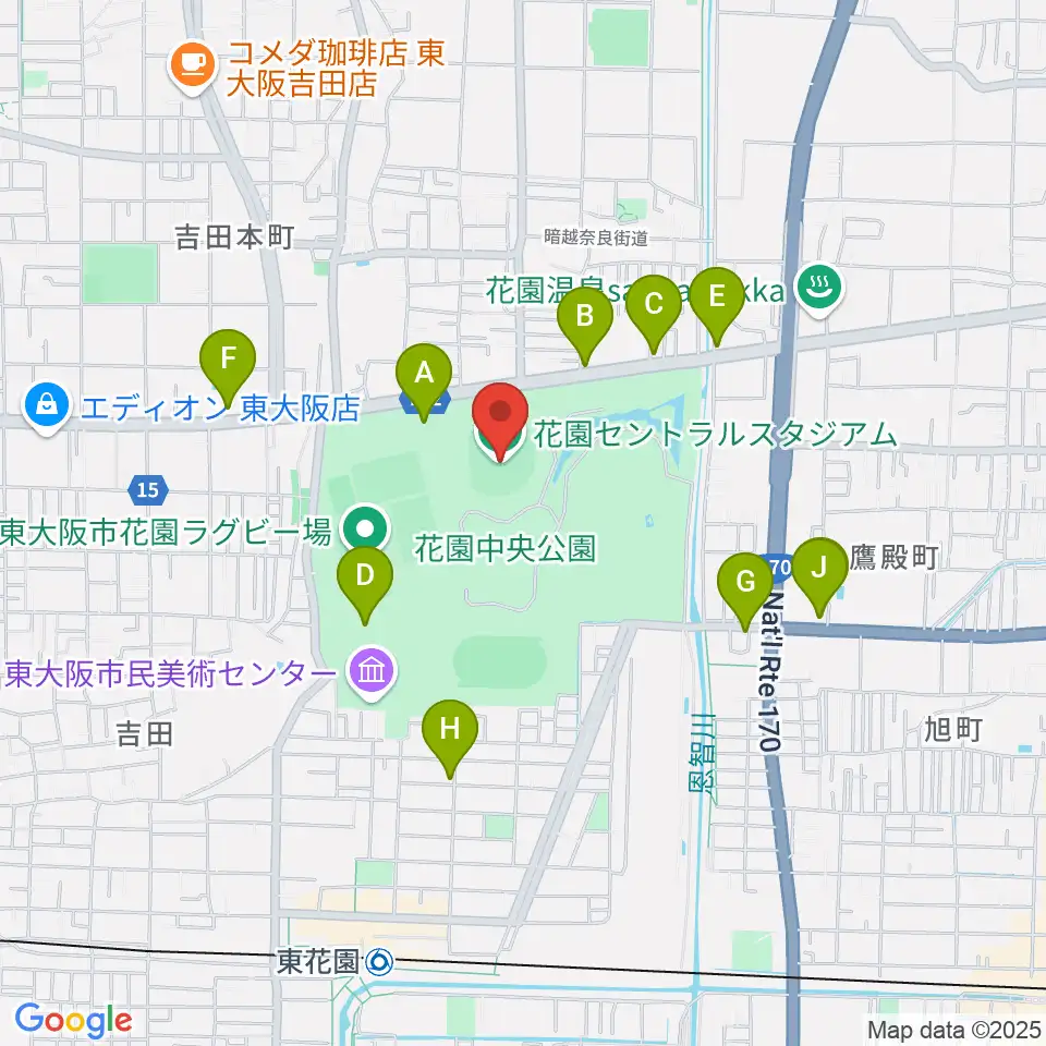 花園セントラルスタジアム周辺のカフェ一覧地図