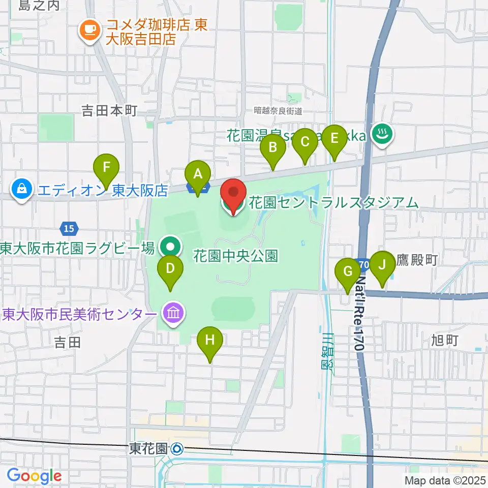 花園セントラルスタジアム周辺のカフェ一覧地図