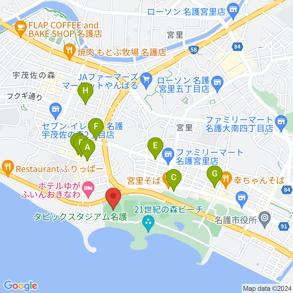 タピックスタジアム名護周辺のカフェ一覧地図