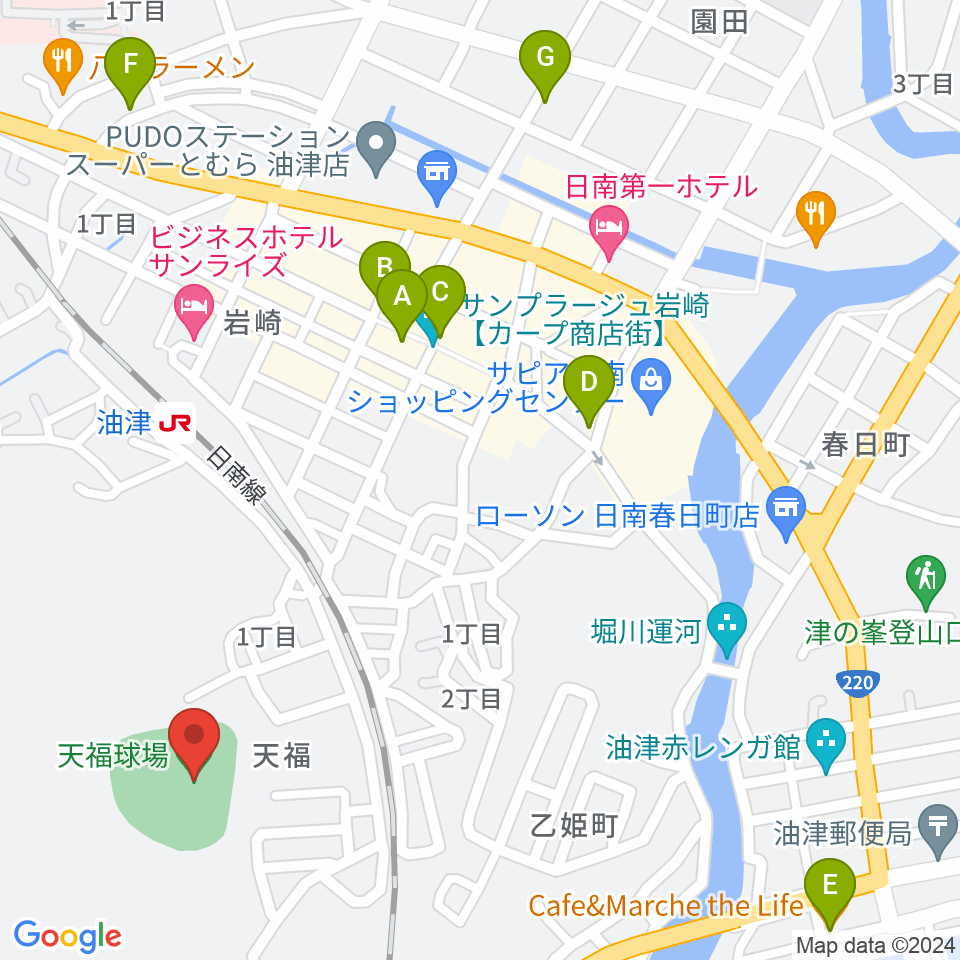 日南市天福球場周辺のカフェ一覧地図