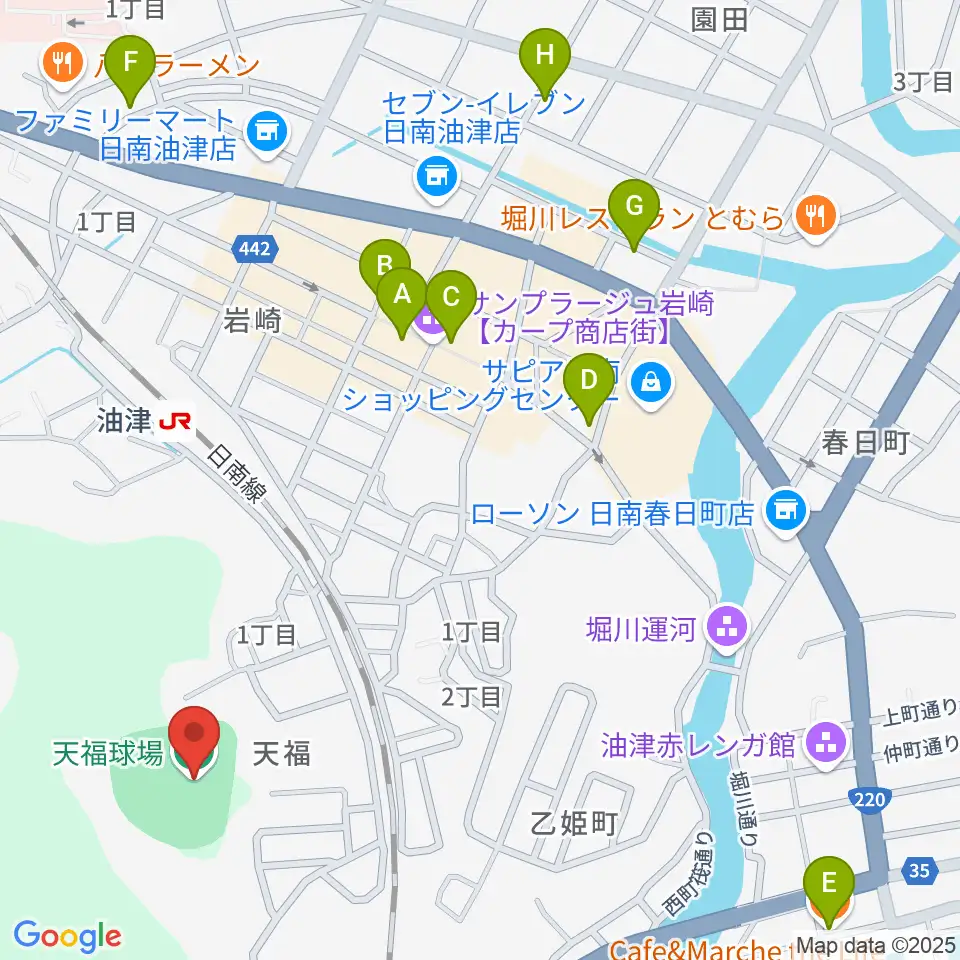 日南市天福球場周辺のカフェ一覧地図