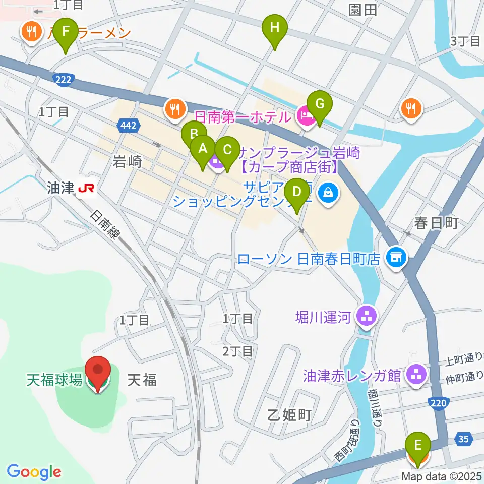 日南市天福球場周辺のカフェ一覧地図