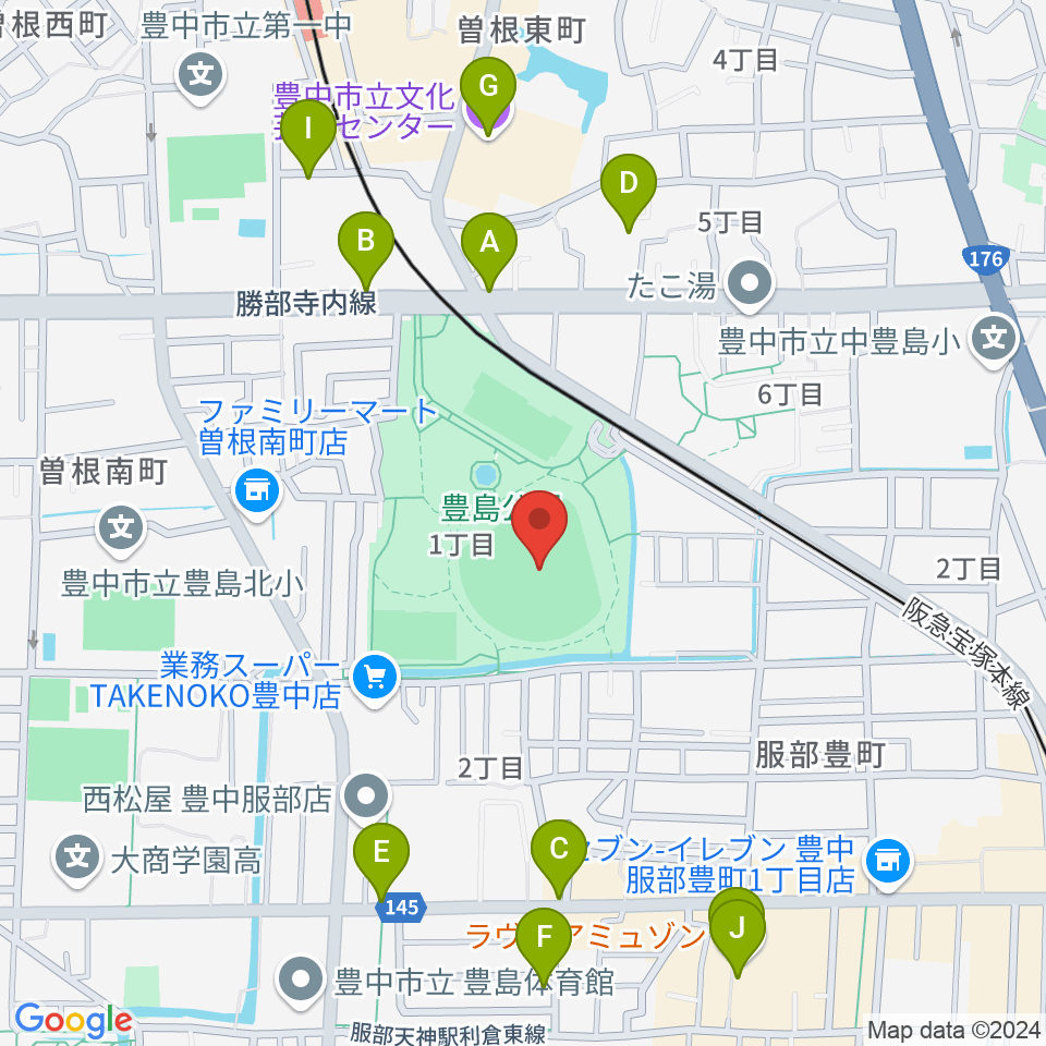 豊中ローズ球場周辺のカフェ一覧地図