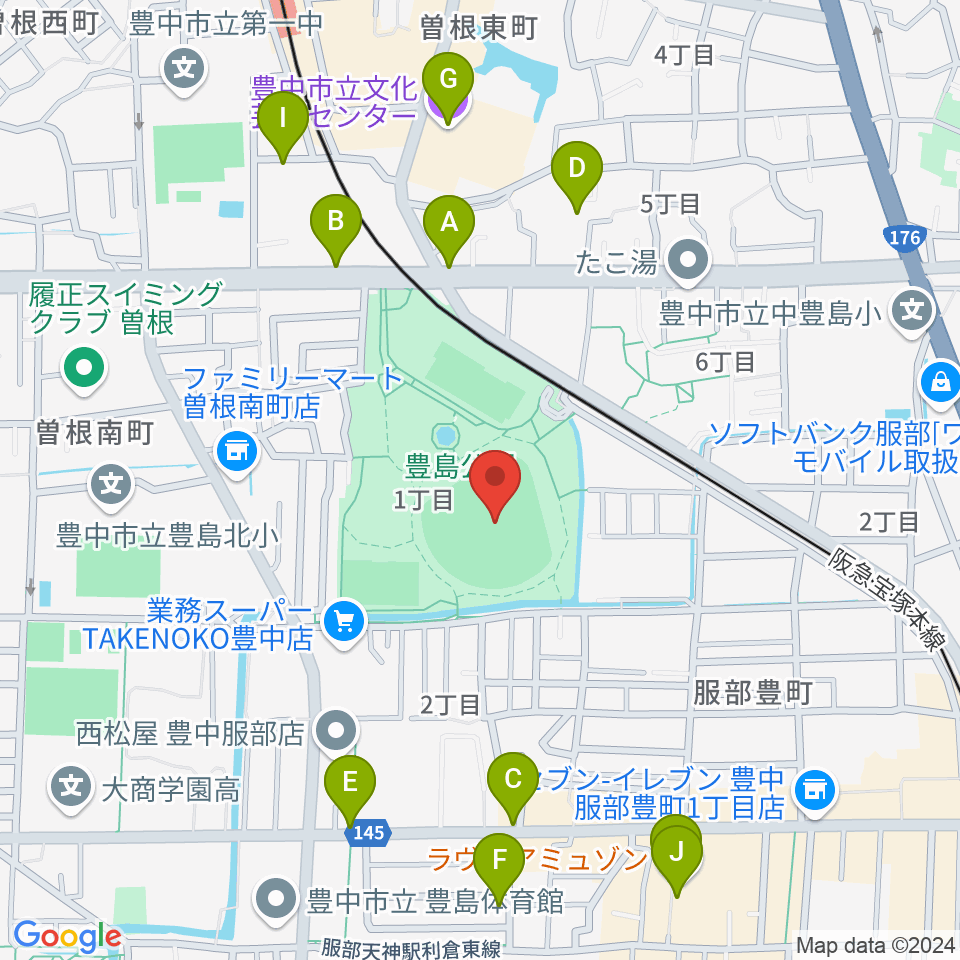 豊中ローズ球場周辺のカフェ一覧地図