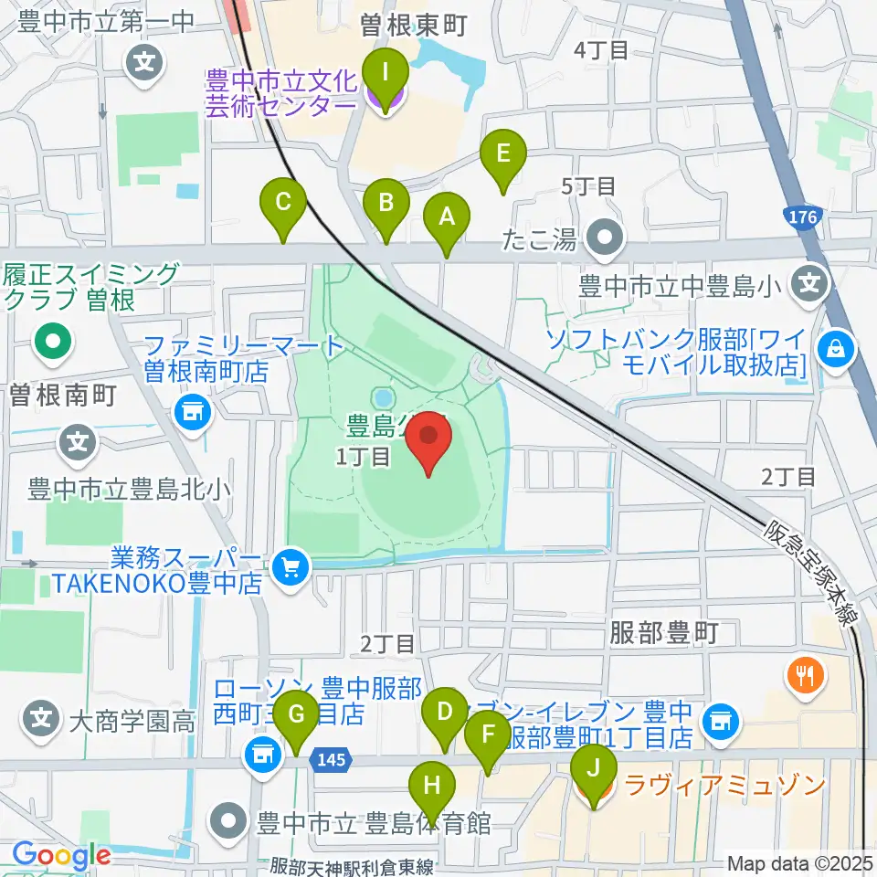豊中ローズ球場周辺のカフェ一覧地図