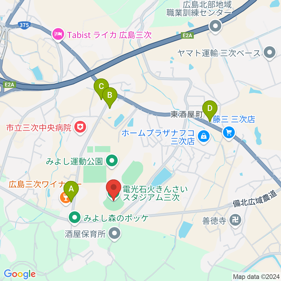 電光石火きんさいスタジアム三次周辺のカフェ一覧地図