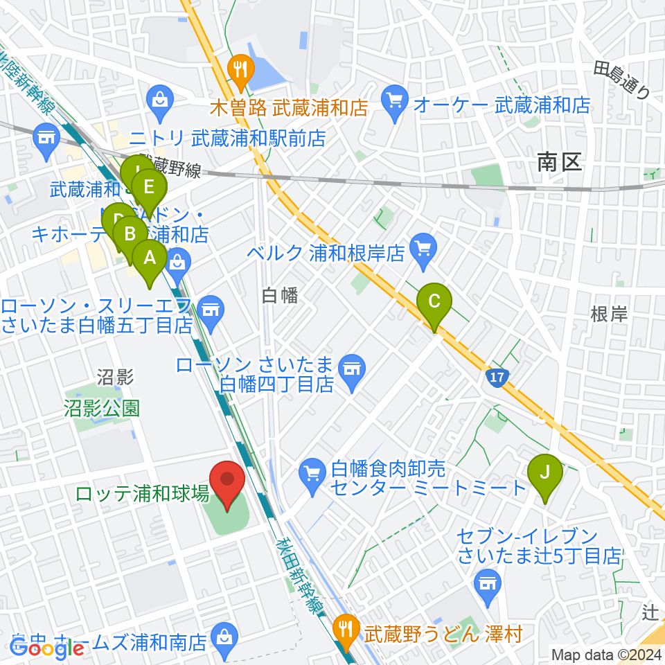 ロッテ浦和球場周辺のカフェ一覧地図