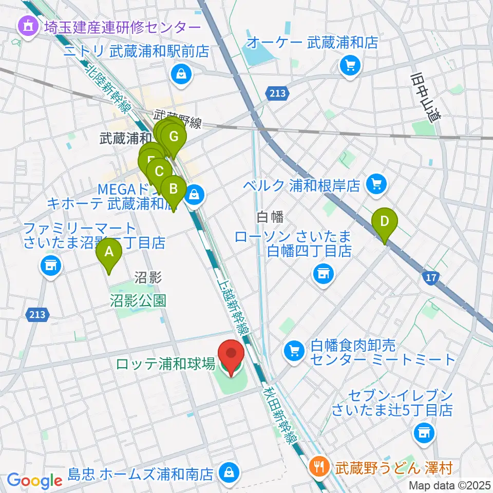 ロッテ浦和球場周辺のカフェ一覧地図