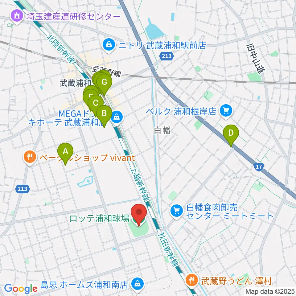 ロッテ浦和球場周辺のカフェ一覧地図