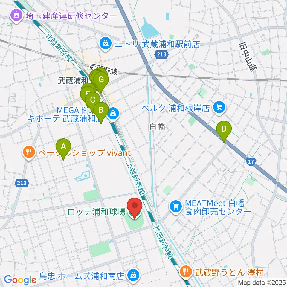 ロッテ浦和球場周辺のカフェ一覧地図