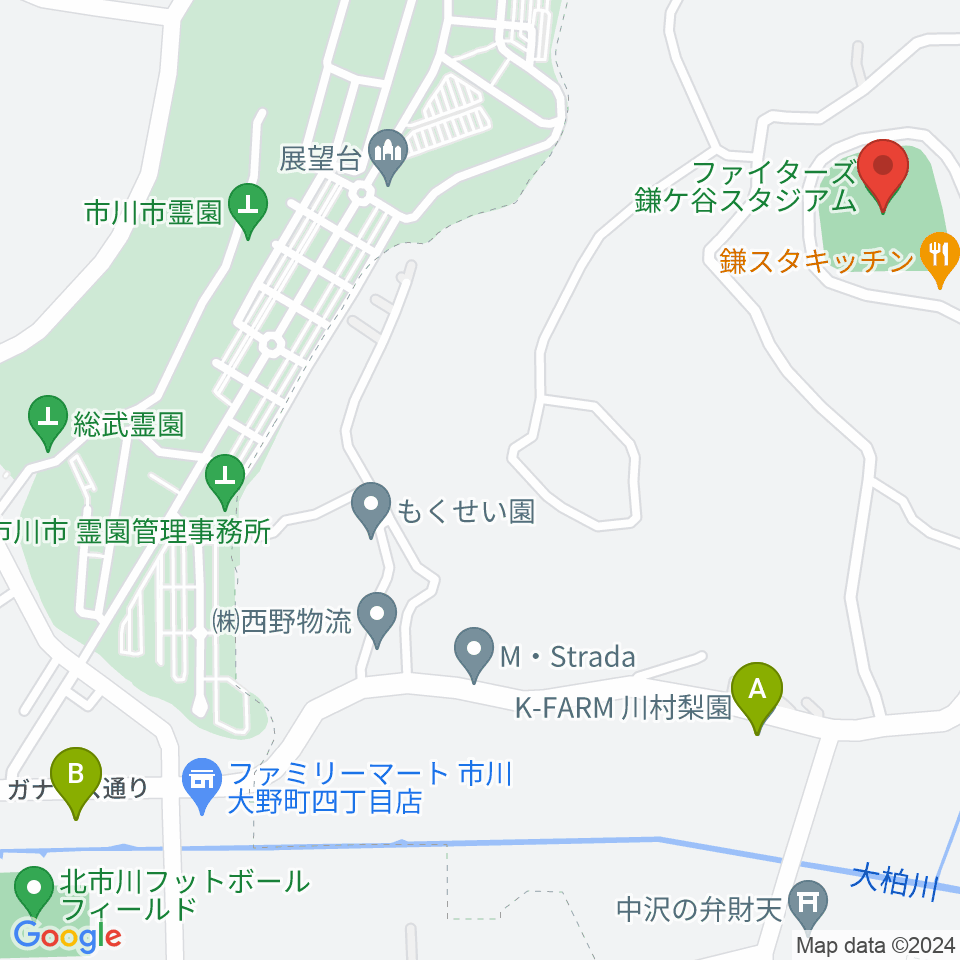 ファイターズ鎌ケ谷スタジアム周辺のカフェ一覧地図