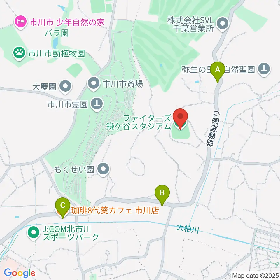ファイターズ鎌ケ谷スタジアム周辺のカフェ一覧地図