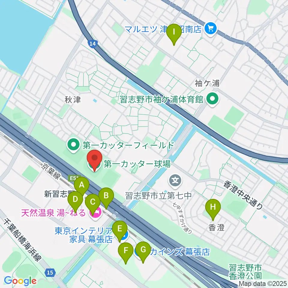 第一カッター球場周辺のカフェ一覧地図
