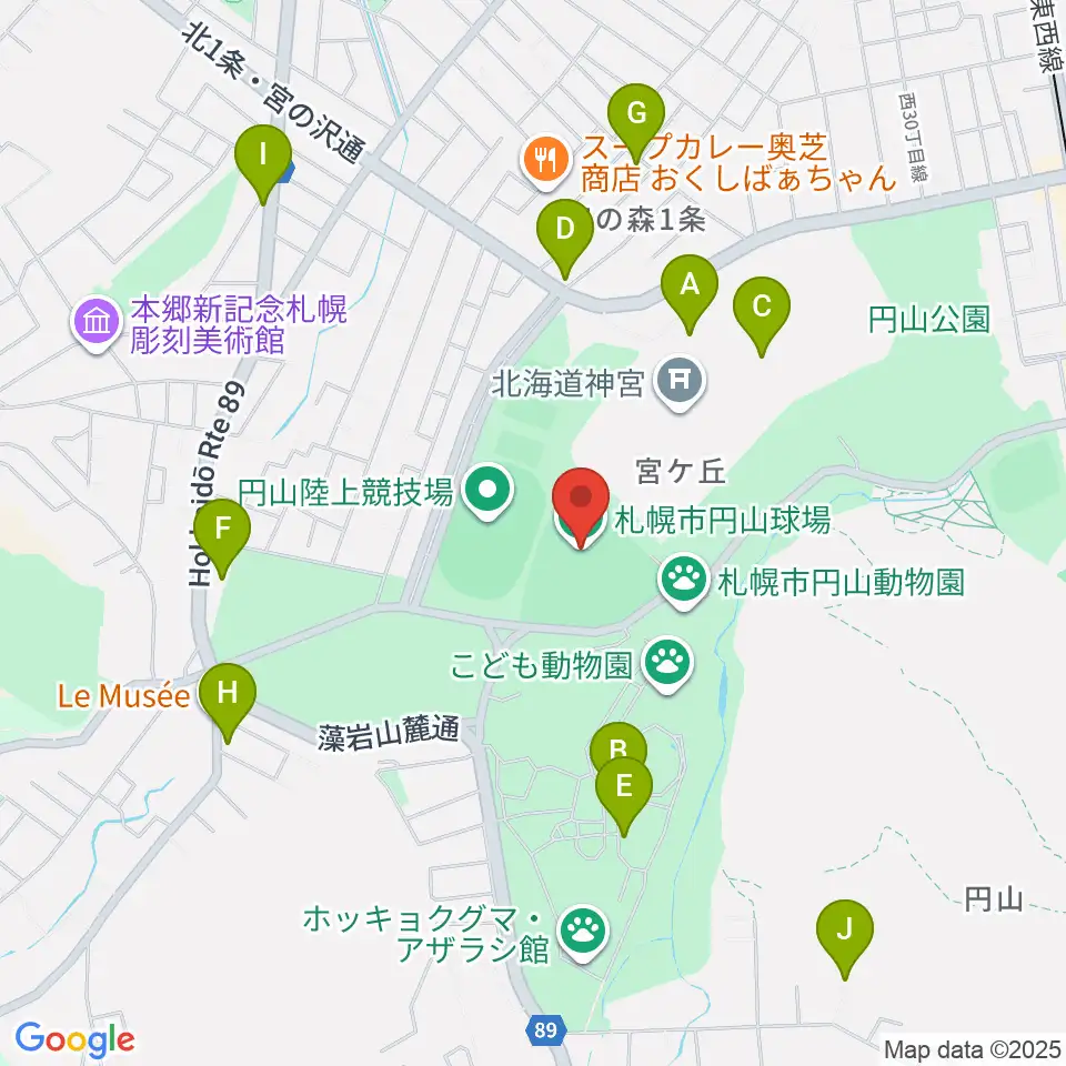 札幌市円山球場周辺のカフェ一覧地図