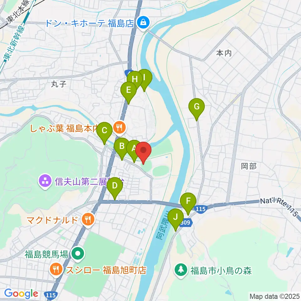 福島市信夫ヶ丘球場周辺のカフェ一覧地図