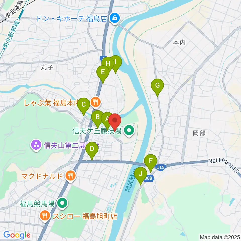 福島市信夫ヶ丘球場周辺のカフェ一覧地図