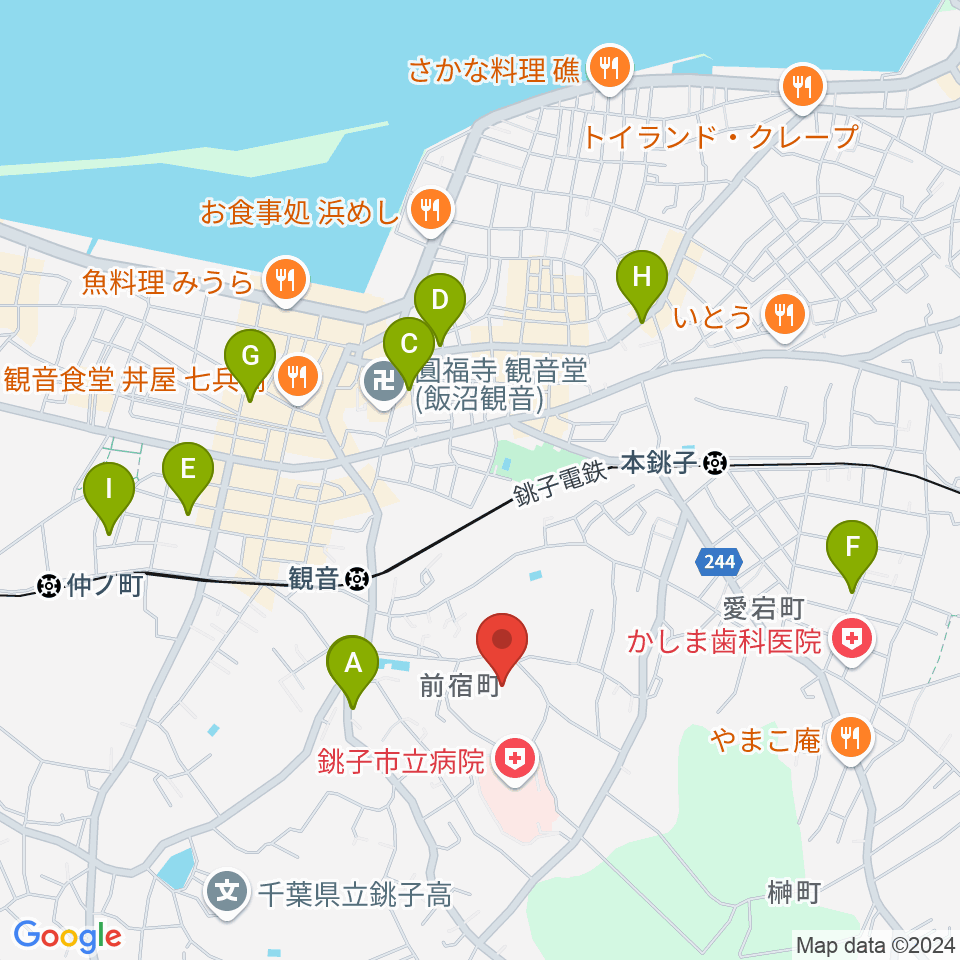 銚子市野球場周辺のカフェ一覧地図