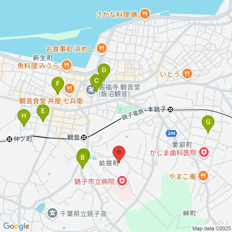 銚子市野球場周辺のカフェ一覧地図