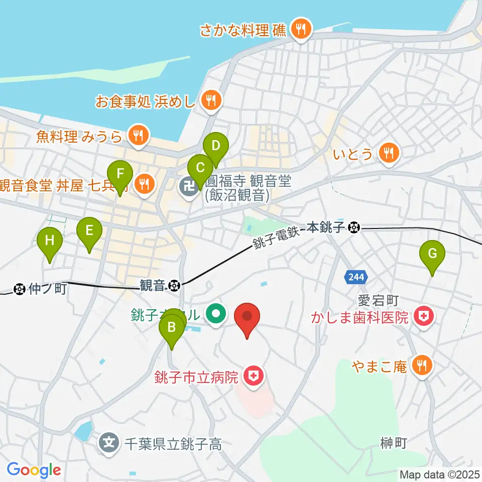 銚子市野球場周辺のカフェ一覧地図