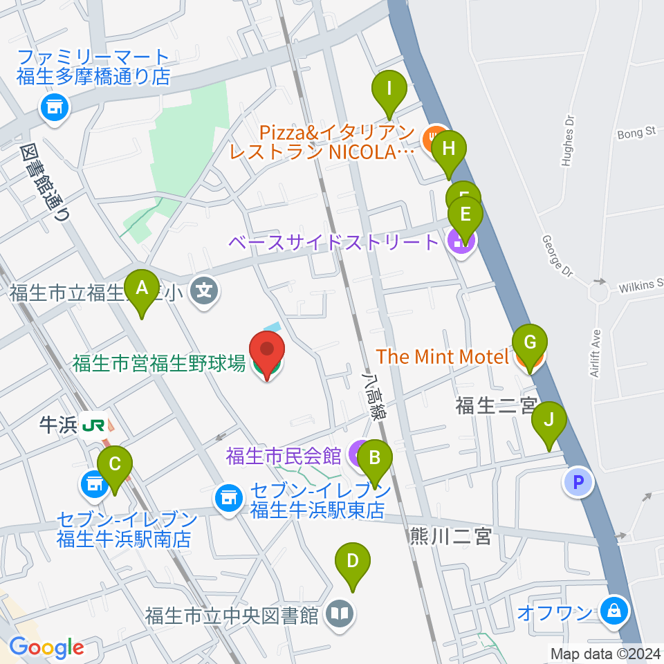 福生野球場周辺のカフェ一覧地図