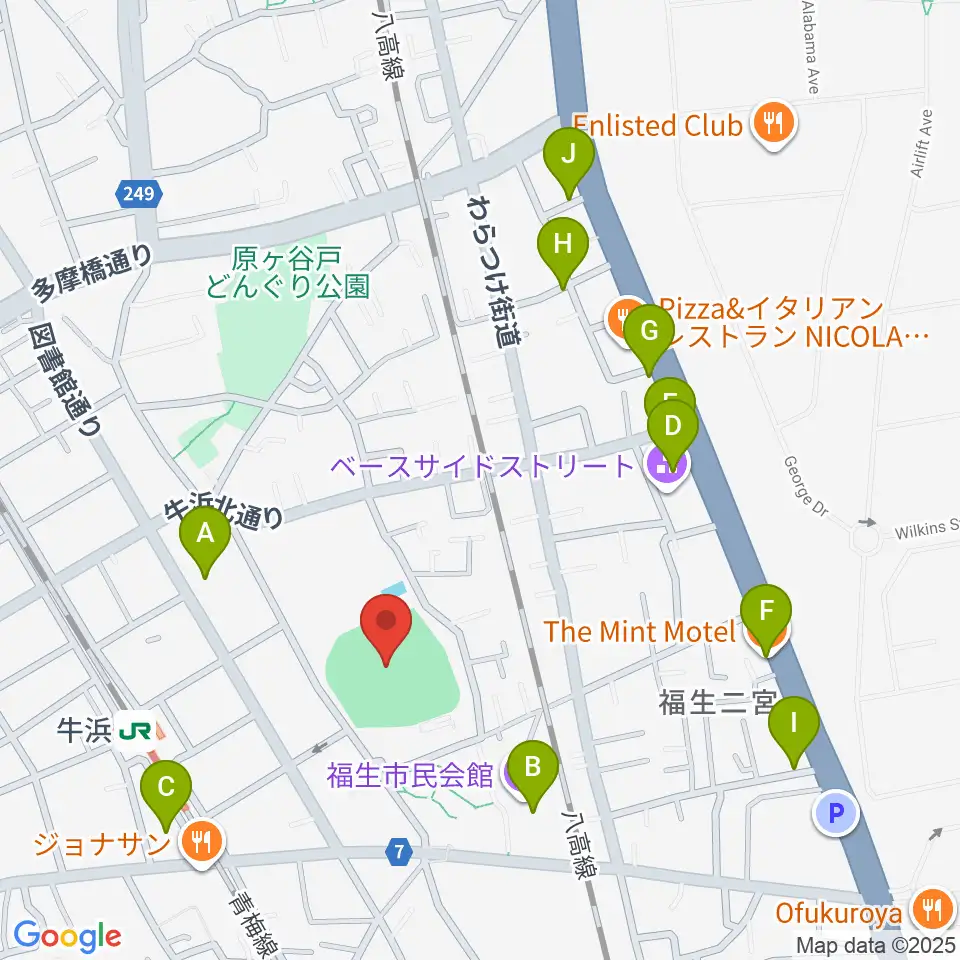 福生野球場周辺のカフェ一覧地図