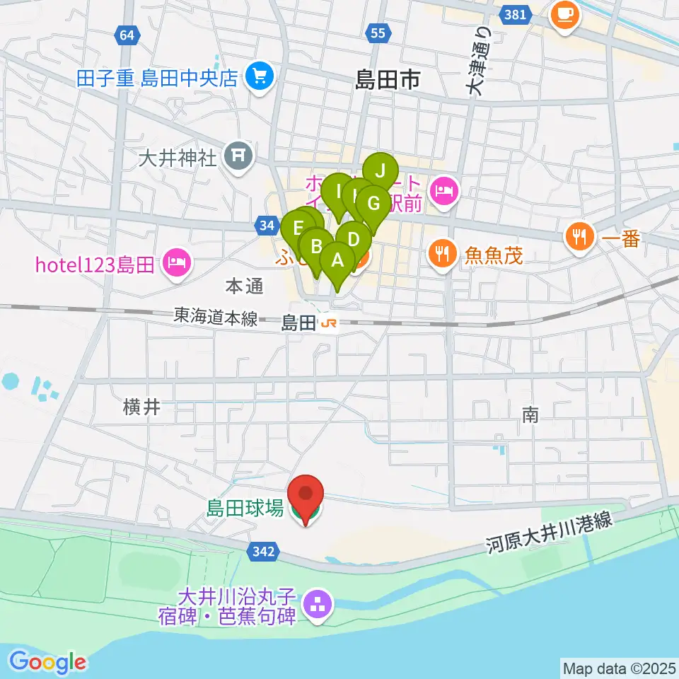 島田球場周辺のカフェ一覧地図