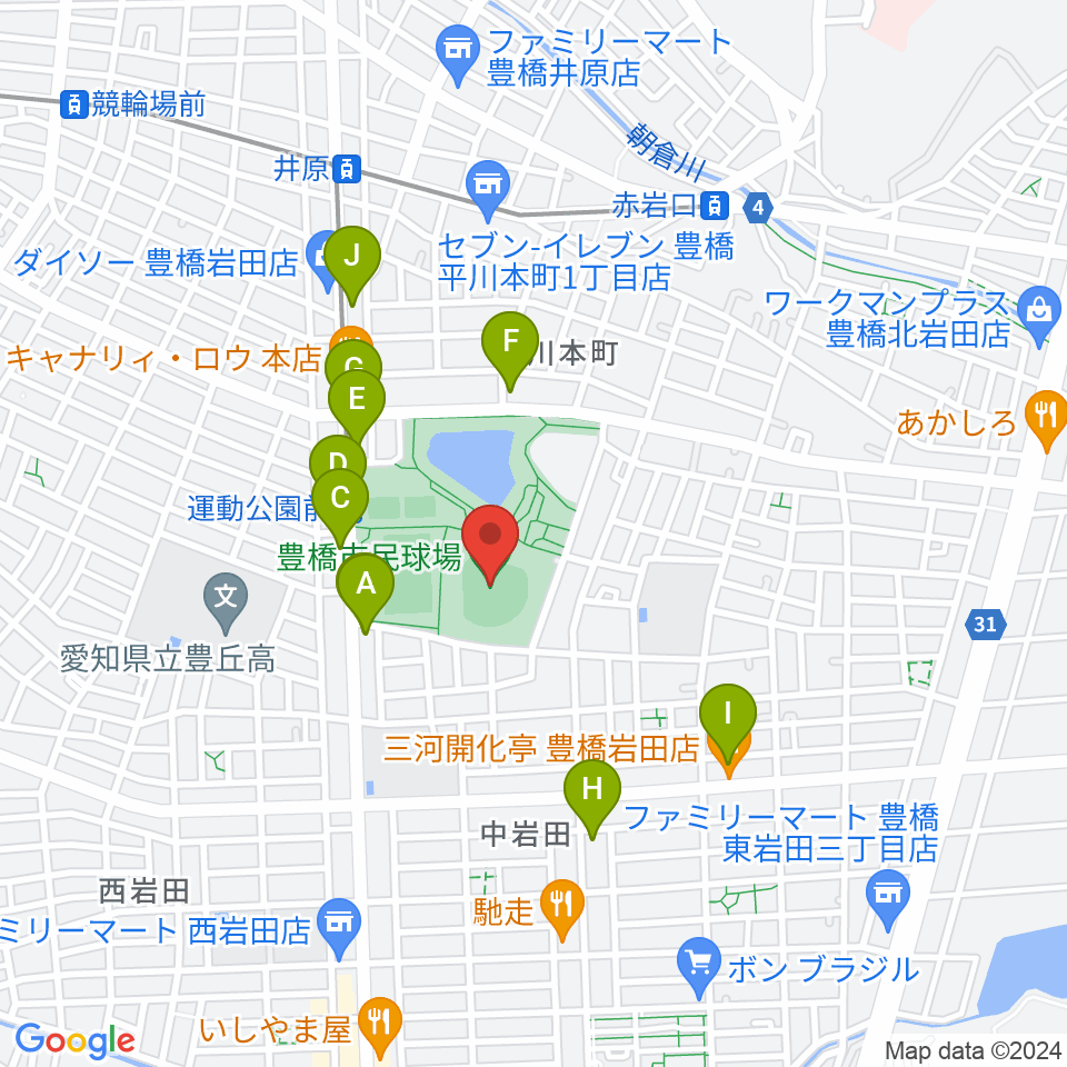 豊橋市民球場周辺のカフェ一覧地図