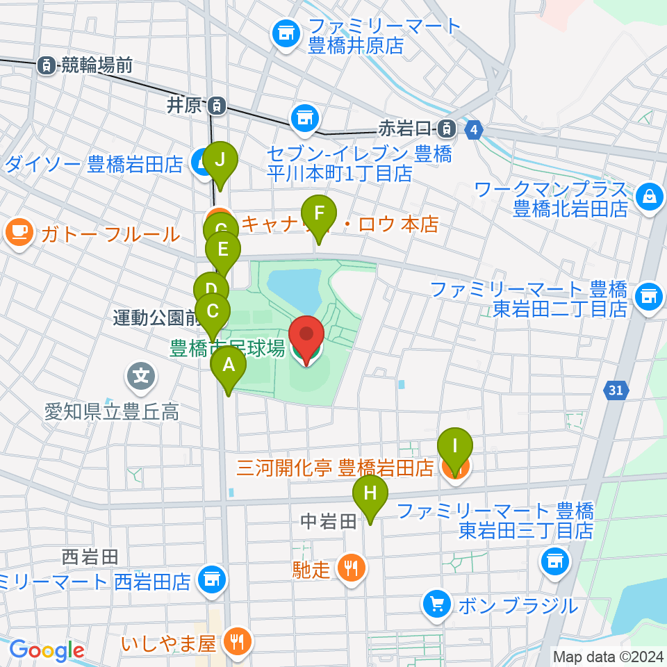 豊橋市民球場周辺のカフェ一覧地図