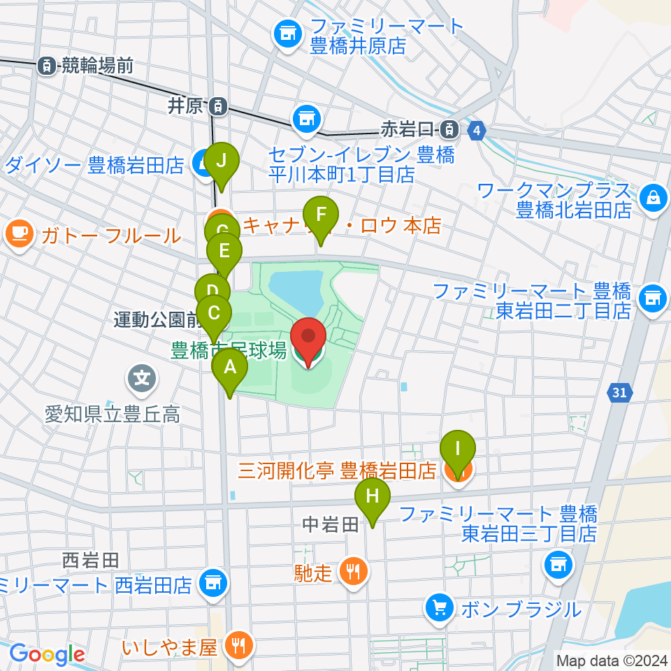 豊橋市民球場周辺のカフェ一覧地図