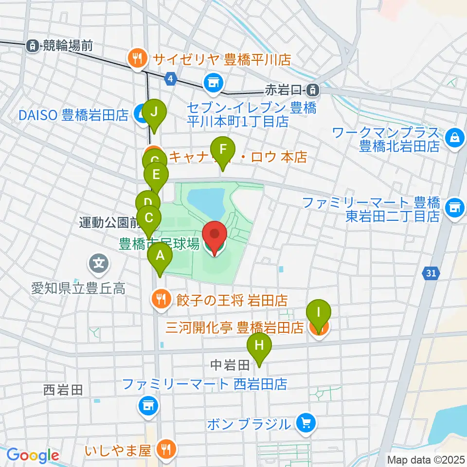 豊橋市民球場周辺のカフェ一覧地図
