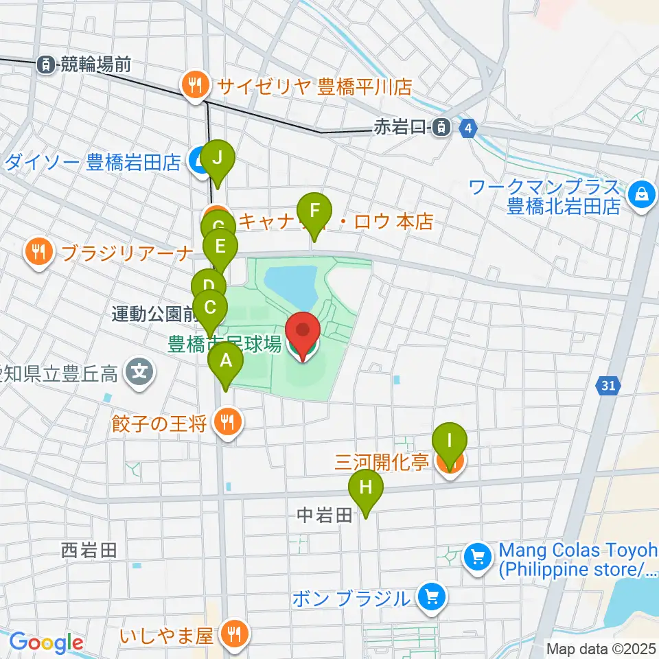 豊橋市民球場周辺のカフェ一覧地図