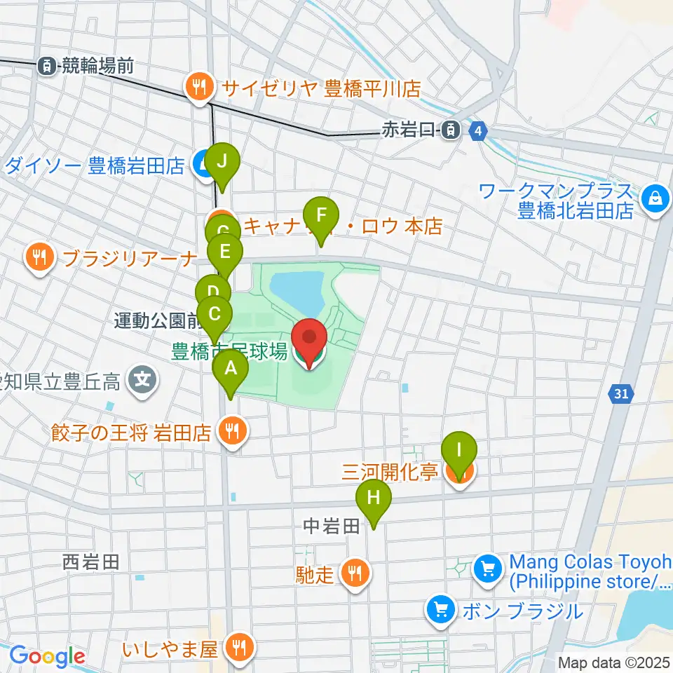 豊橋市民球場周辺のカフェ一覧地図