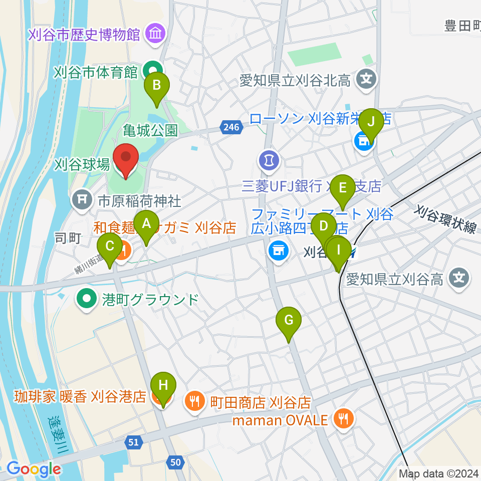 刈谷球場周辺のカフェ一覧地図