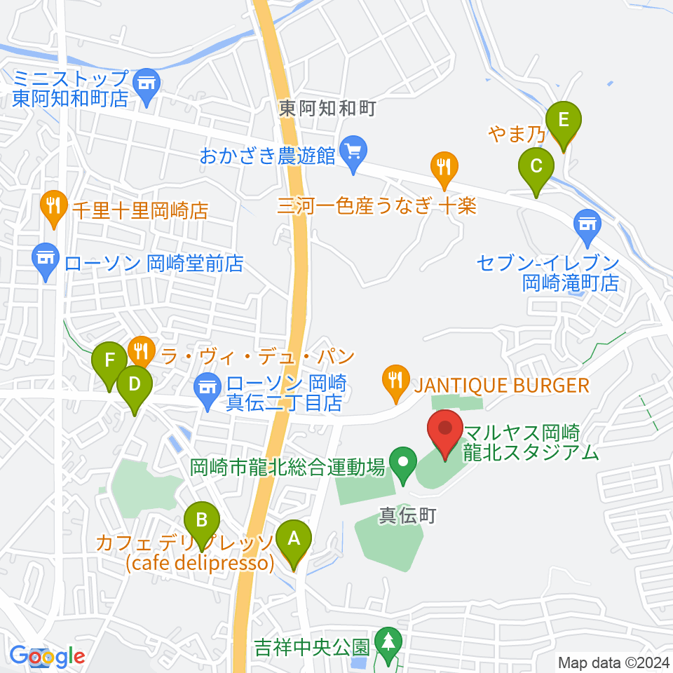 マルヤス岡崎龍北スタジアム周辺のカフェ一覧地図