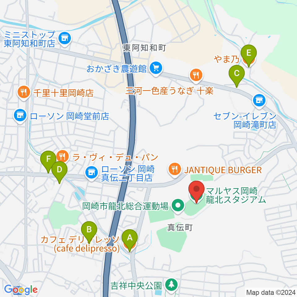 マルヤス岡崎龍北スタジアム周辺のカフェ一覧地図