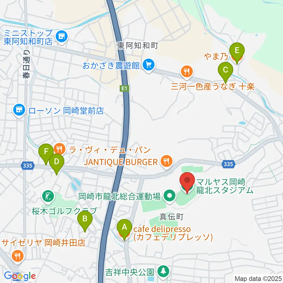 マルヤス岡崎龍北スタジアム周辺のカフェ一覧地図
