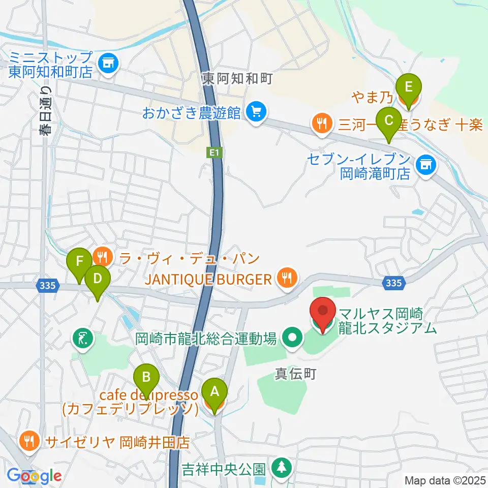 マルヤス岡崎龍北スタジアム周辺のカフェ一覧地図