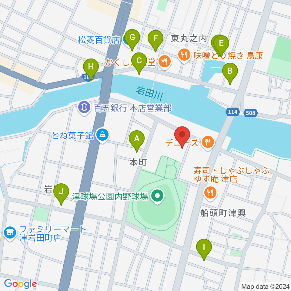 津球場公園内野球場周辺のカフェ一覧地図