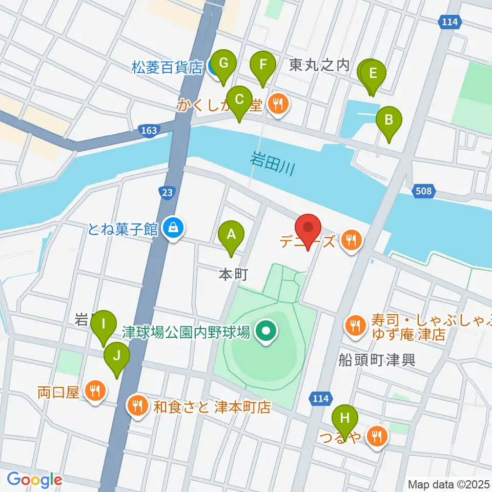 津球場公園内野球場周辺のカフェ一覧地図