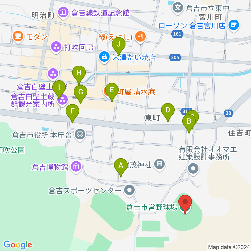 倉吉市営野球場周辺のカフェ一覧地図