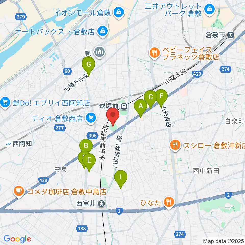 倉敷市営球場周辺のカフェ一覧地図