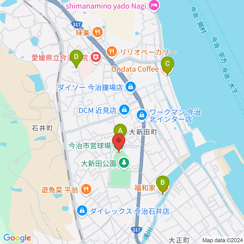 今治市営球場周辺のカフェ一覧地図