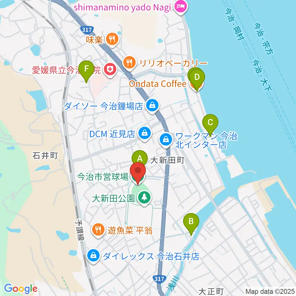 今治市営球場周辺のカフェ一覧地図