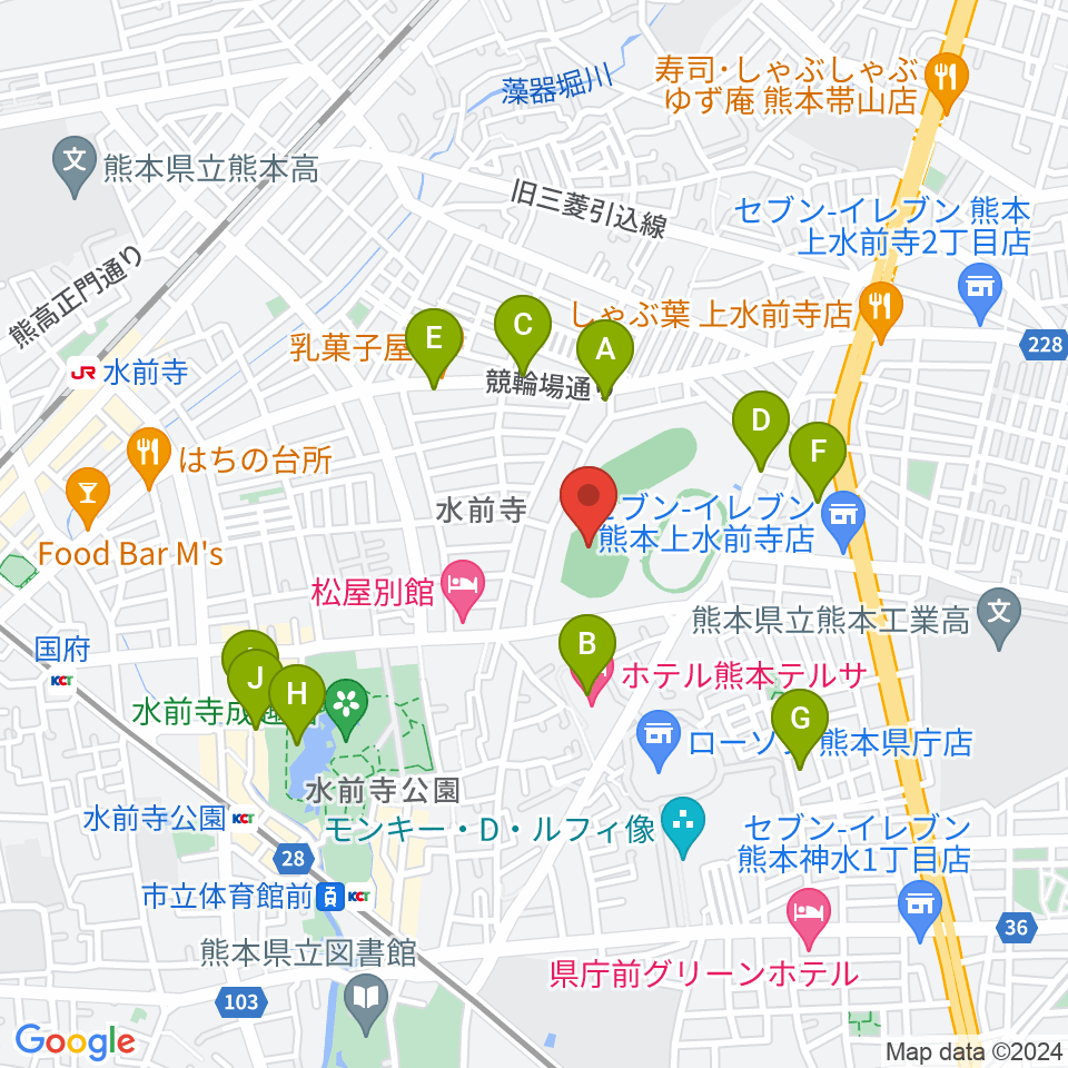 熊本市水前寺野球場周辺のカフェ一覧地図