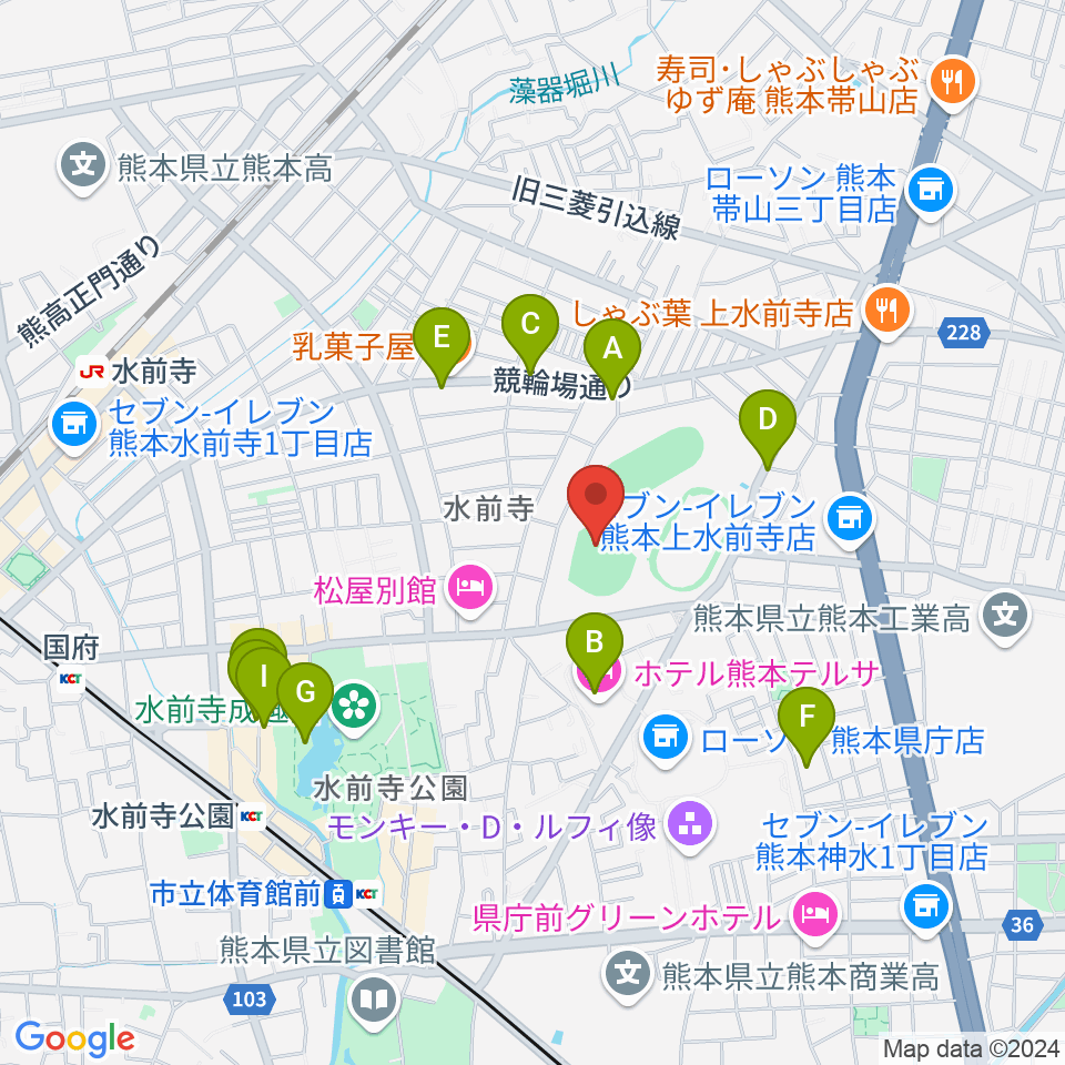 熊本市水前寺野球場周辺のカフェ一覧地図